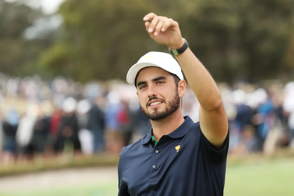 MELBOURNE, AUSTRALIA - DECEMBER 14: Abraham Ancer of Mexico and the International team celebrates after he and Sungjae Im of South Korea and the International team defeated Xander Schauffele of the United States team and Patrick Cantlay of the United States team 3&amp;2 during Saturday four-ball matches on day three of the 2019 Presidents Cup at Royal Melbourne Golf Course on December 14, 2019 in Melbourne, Australia. (Photo by Rob Carr/Getty Images)