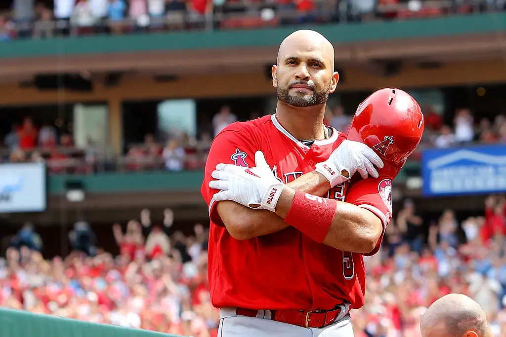 ST. LOUIS, MO - JUNE 22: Albert Pujols #5 of the Los Angeles Angels of Anaheim gives fans a curtain call after hitting a solo home run during the seventh inning against the St. Louis Cardinals at Busch Stadium on June 22, 2019 in St. Louis, Missouri. (Photo by Scott Kane/Getty Images)