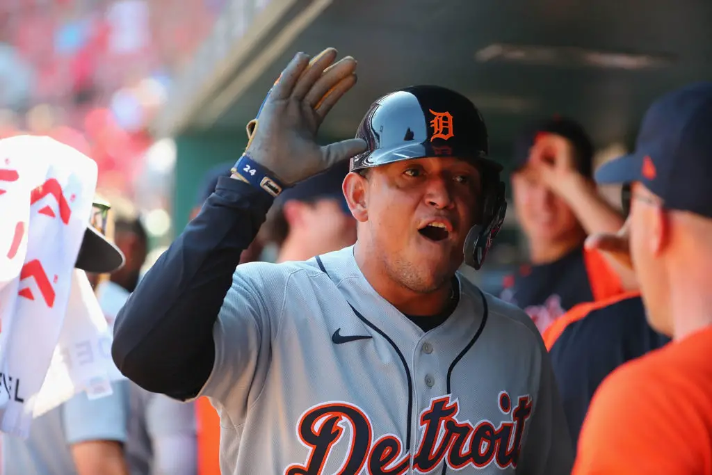 ST LOUIS, MO - AUGUST 25:  Miguel Cabrera #24 of the Detroit Tigers celebrates after scoring the game-tying run against the St. Louis Cardinals in the ninth inning at Busch Stadium on August 25, 2021 in St Louis, Missouri. (Photo by Dilip Vishwanat/Getty Images)