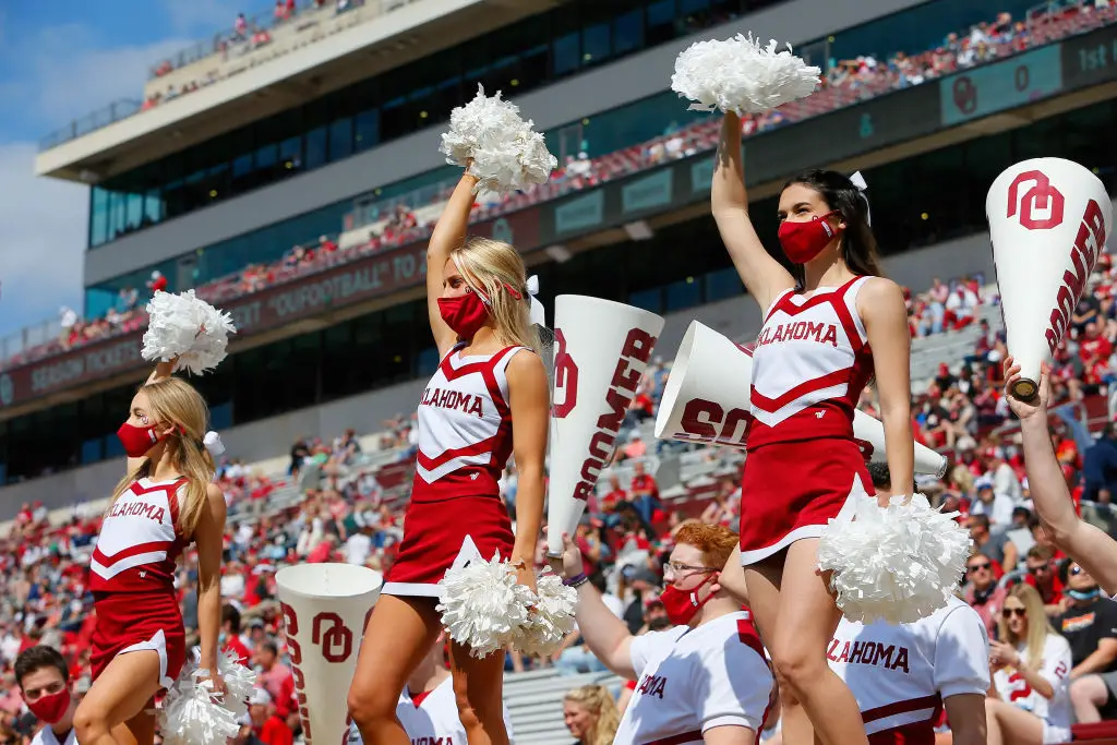 NORMAN, OK - APRIL 24:  Oklahoma Sooners cheerleaders get the fans ready for the team's spring game at Gaylord Family Oklahoma Memorial Stadium on April 24, 2021 in Norman, Oklahoma.   (Photo by Brian Bahr/Getty Images)