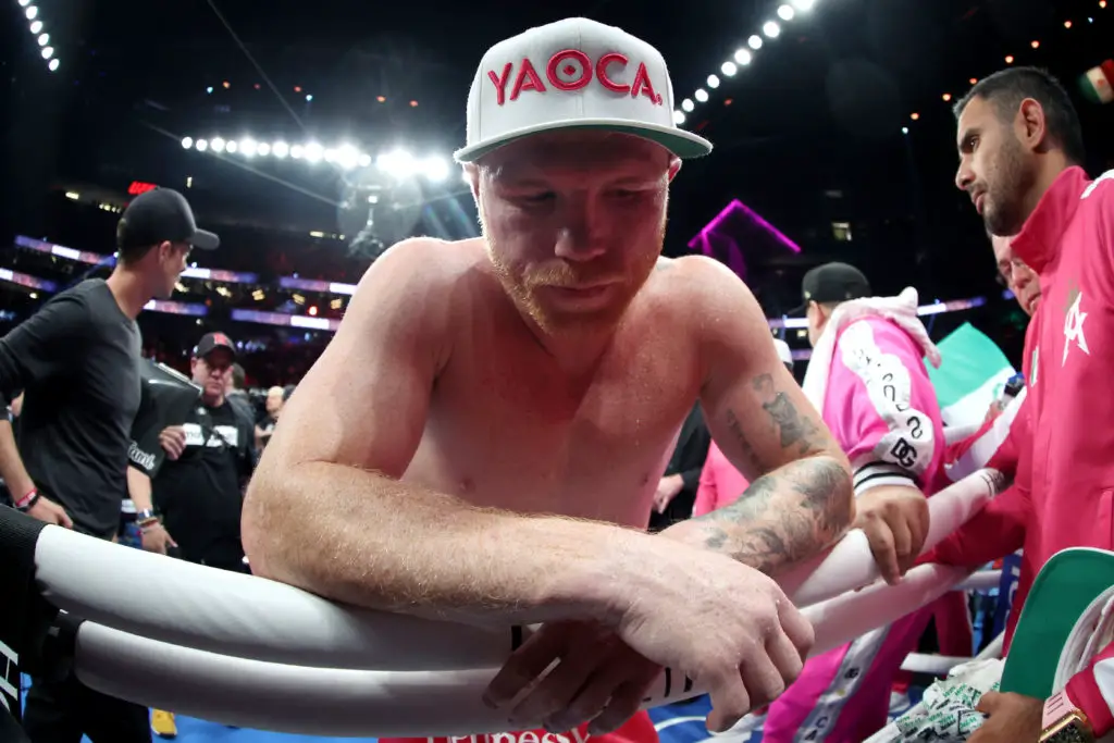 LAS VEGAS, NEVADA - MAY 07: Canelo Alvarez reacts after WBA light heavyweight title fight against Dmitry Bivol at T-Mobile Arena on May 07, 2022 in Las Vegas, Nevada. Bivol retained his title by unanimous decision. (Photo by Al Bello/Getty Images)