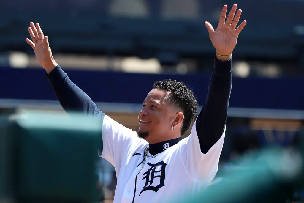 DETROIT, MICHIGAN - APRIL 23: Miguel Cabrera #24 of the Detroit Tigers acknowledges the crowd after the 3000th hit of his career during the first inning in Game One of a doubleheader against the Colorado Rockies at Comerica Park on April 23, 2022 in Detroit, Michigan. (Photo by Katelyn Mulcahy/Getty Images)