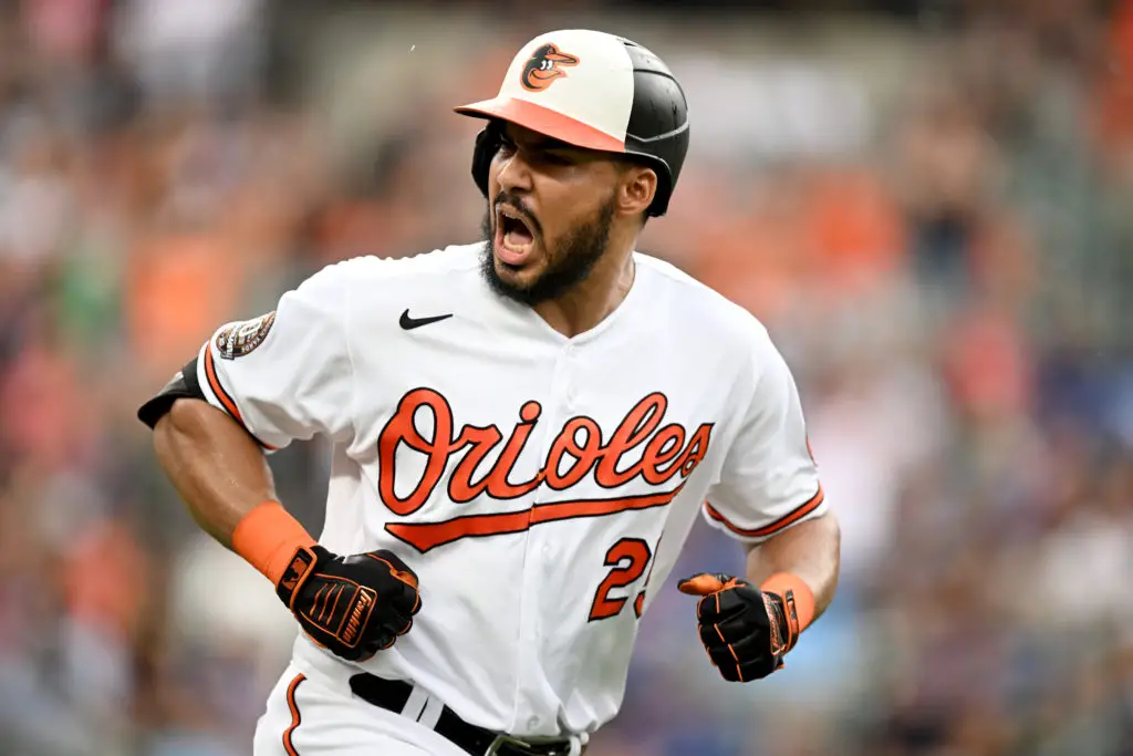 BALTIMORE, MARYLAND - SEPTEMBER 05: Anthony Santander #25 of the Baltimore Orioles celebrates after hitting a home run in the first inning against the Toronto Blue Jays at Oriole Park at Camden Yards during game one of a double header on September 05, 2022 in Baltimore, Maryland. (Photo by Greg Fiume/Getty Images)