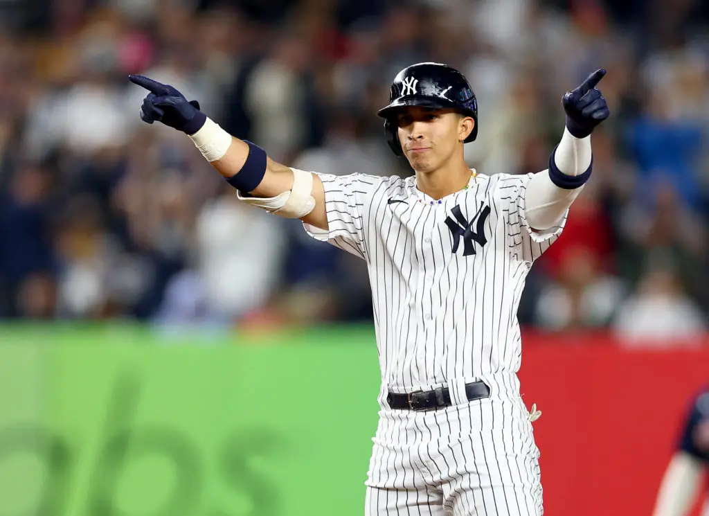 Oswaldo Cabrera of the New York Yankees smiles prior to a game