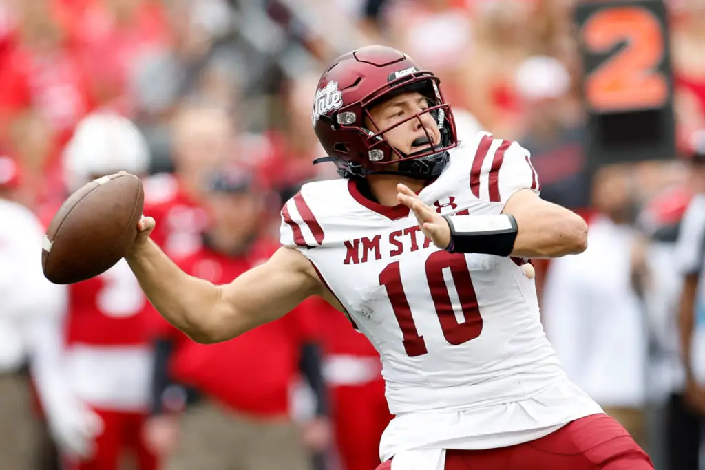 MADISON, WISCONSIN - SEPTEMBER 17: Diego Pavia #10 of the New Mexico State Aggies throws a pass during the game against the Wisconsin Badgers at Camp Randall Stadium on September 17, 2022 in Madison, Wisconsin. (Photo by John Fisher/Getty Images)