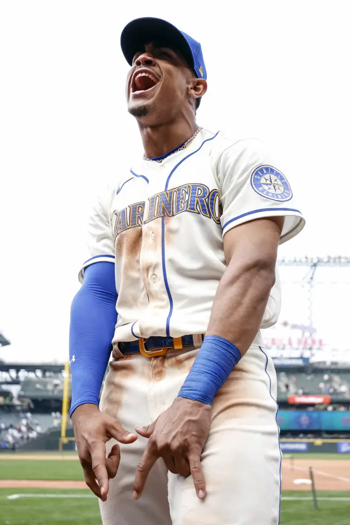 Julio Rodriguez of the Seattle Mariners reacts after hitting a double  News Photo - Getty Images