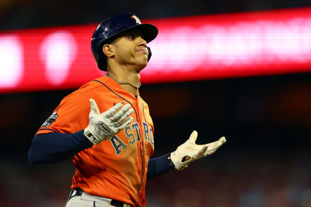 PHILADELPHIA, PENNSYLVANIA - NOVEMBER 03: Jeremy Pena #3 of the Houston Astros celebrates after hitting a home run against the Philadelphia Phillies during the fourth inning in Game Five of the 2022 World Series at Citizens Bank Park on November 03, 2022 in Philadelphia, Pennsylvania. (Photo by Elsa/Getty Images)