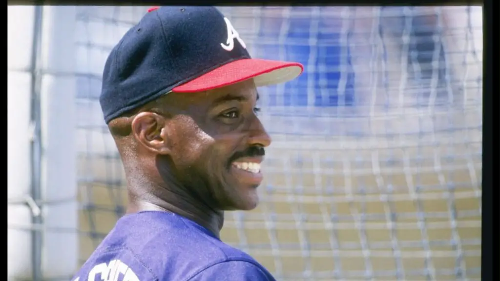 6 Mar 1997:  First basemen Fred McGriff of the Atlanta Braves smiles during a preseason game against the New York Mets in Port St. Lucie, Florida.  The Mets won the game 5-2. Mandatory Credit: Stephen Dunn  /Allsport
