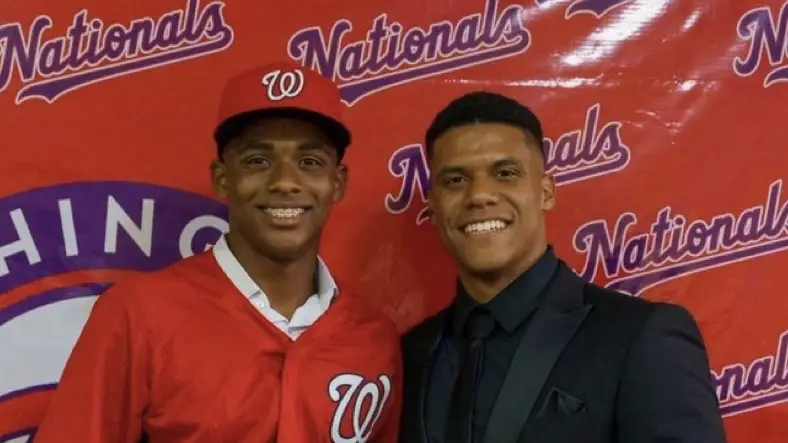 Two-time All-Star Juan Soto poses with his younger brother Elian after Elian signed with the Washington Nationals on Jan. 15, 2023. 
