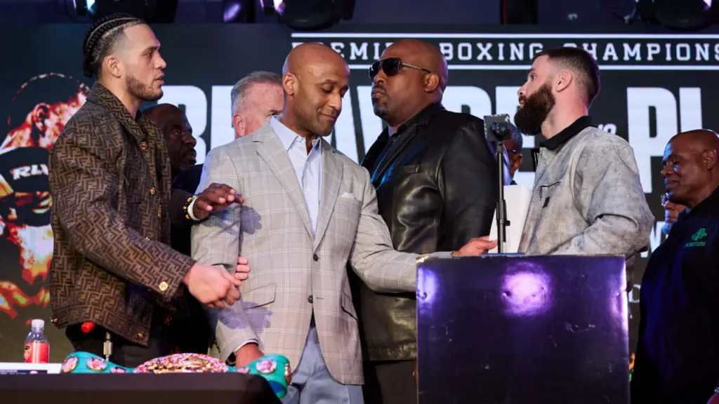 David Benavidez and Caleb Plant had to be separated at their press conference promoting their March 25 fight. Photos from Esther Lin/SHOWTIME. 