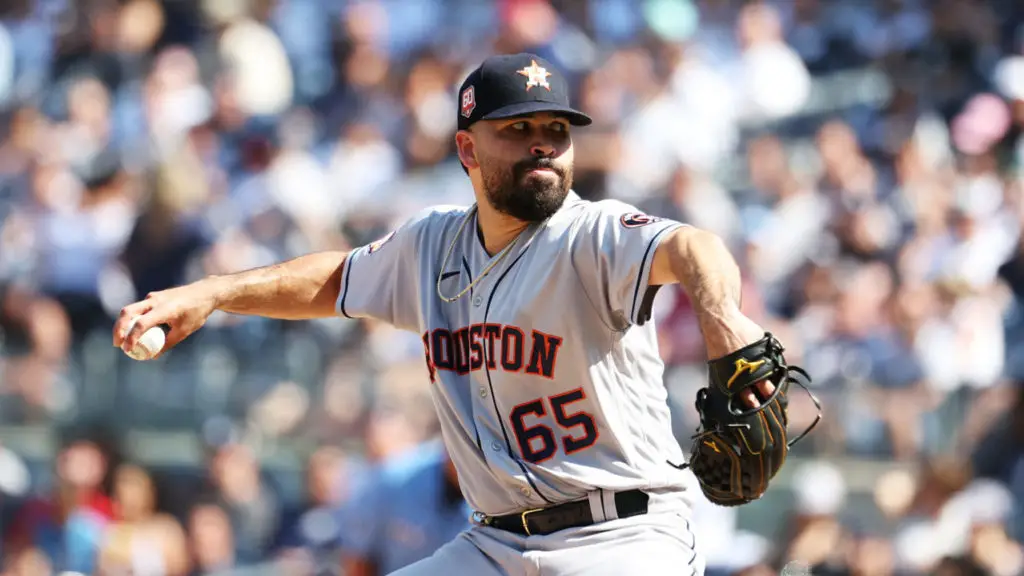 Houston Astros' Jose Urquidy (65) leaves the game during the