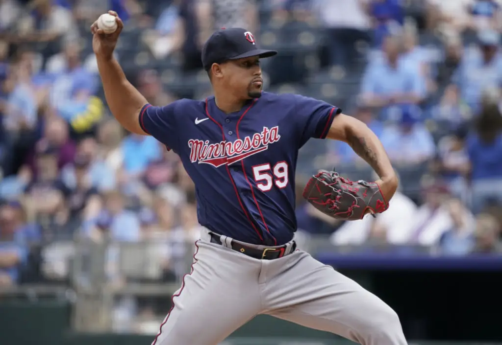 Jhoan Duran of the Minnesota Twins pithes during the game between