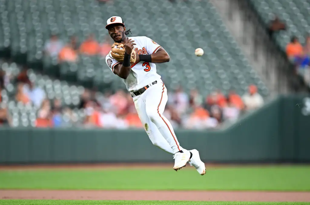 BALTIMORE, MARYLAND - SEPTEMBER 05: Jorge Mateo #3 of the Baltimore Orioles throws out Alejandro Kirk #30 of the Toronto Blue Jays in the first inning at Oriole Park at Camden Yards during game one of a double header on September 05, 2022 in Baltimore, Maryland. (Photo by Greg Fiume/Getty Images)
