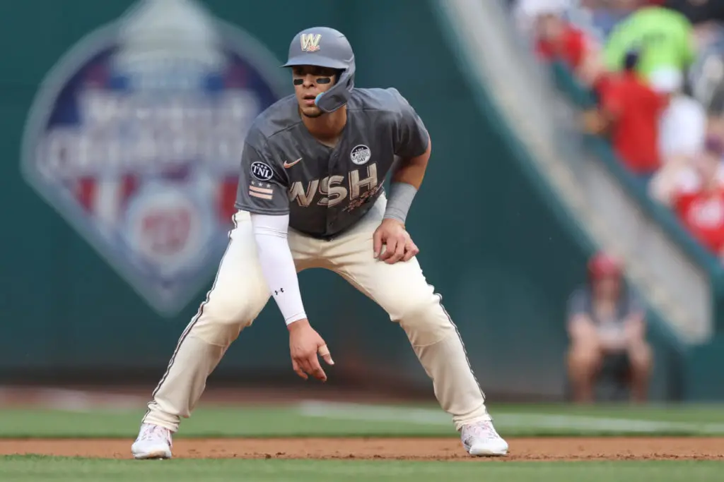 WASHINGTON, DC - JUNE 02: Joey Meneses #45 of the Washington Nationals leads off of first base against the Philadelphia Phillies at Nationals Park on June 02, 2023 in Washington, DC. (Photo by Patrick Smith/Getty Images)