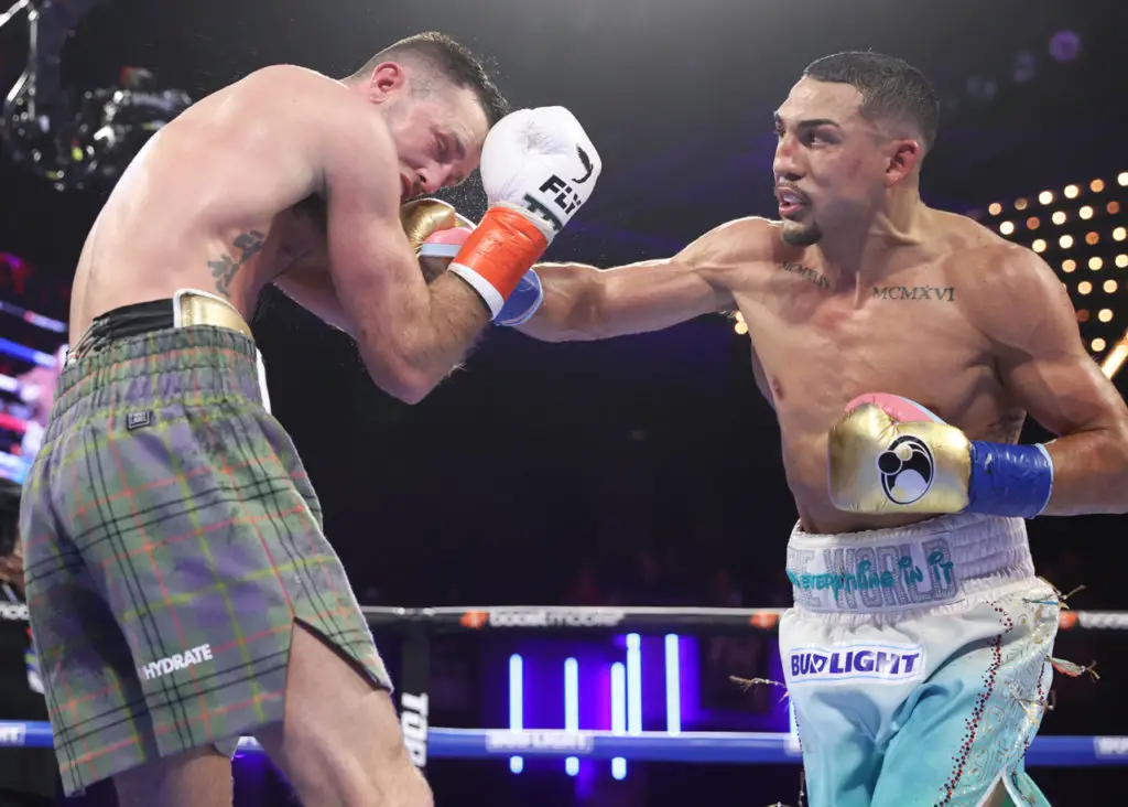 NEW YORK, NEW YORK - JUNE 10: Josh Taylor (L) and Teofimo Lopez (R) exchange punches during their WBO junior welterweight championship fight at The Hulu Theater at Madison Square Garden on June 10, 2023 in New York City. (Photo by Mikey Williams/Top Rank Inc via Getty Images)