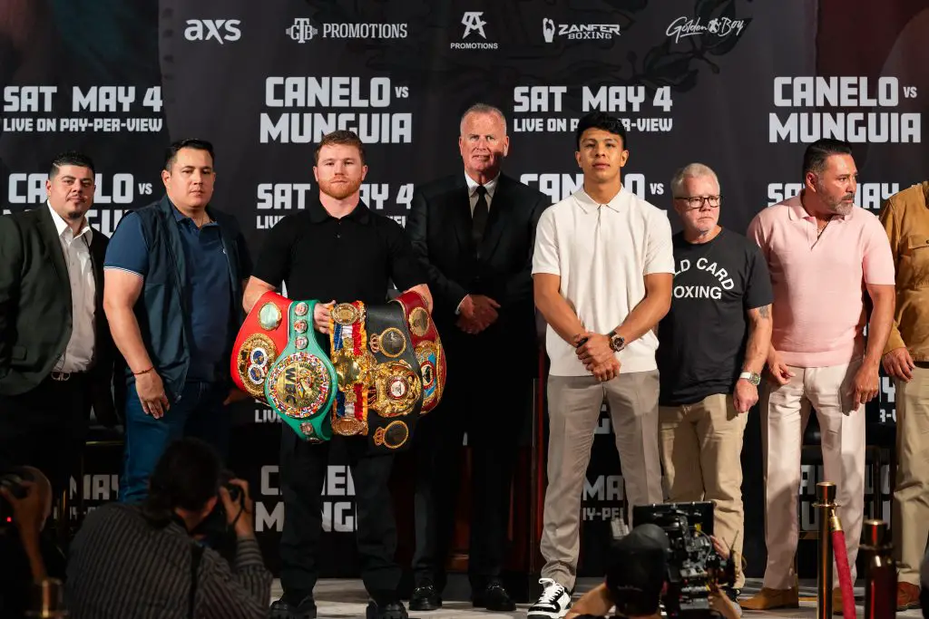 Canelo Álvarez and Jaime Munguía pose together during their press conference promoting their upcoming PBC Pay-Per-View Event. 
Photo by  Esther Lin/Premier Boxing Champions