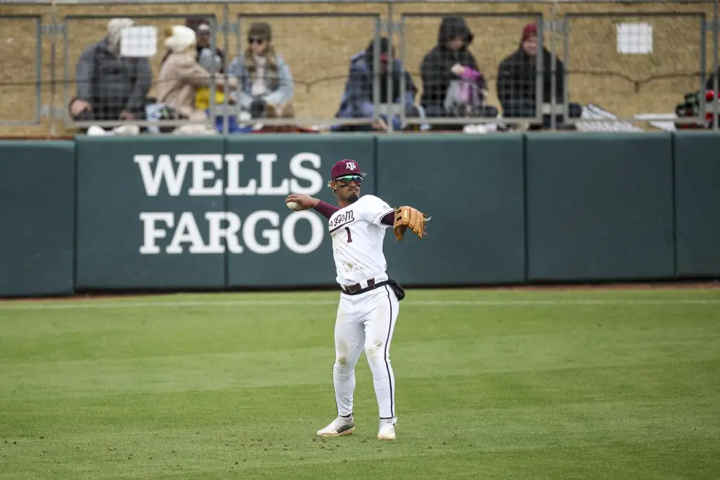 COLLEGE STATION, TX - February 22, 2025 - Utility Player Jamal George #1 of the Texas A&amp;M Aggies during the game between the Cal Poly Mustangs and the Texas A&amp;M Aggies at Blue Bell Park in College Station, TX. Photo By Julianne Shivers/Texas A&amp;M Athletics