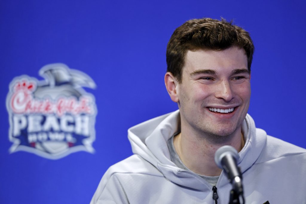 ATLANTA, GA - JANUARY 07: Quarterback Fernando Mendoza #15 of the Indiana Hoosiers during an opening press conference for the College Football Playoff Semifinal at the Peach Bowl on January 07, 2026 at Mercedes-Benz Stadium in Atlanta, Georgia. (Joe Robbins/via Abell Images for the Chick-fil-A Peach Bowl)