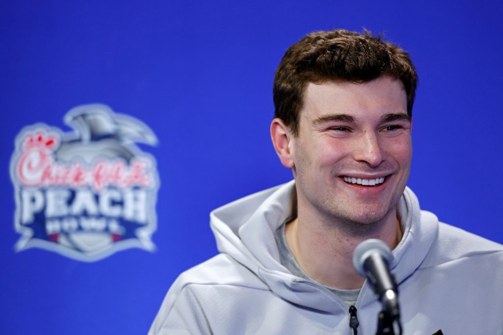 ATLANTA, GA - JANUARY 07: Quarterback Fernando Mendoza #15 of the Indiana Hoosiers during an opening press conference for the College Football Playoff Semifinal at the Peach Bowl on January 07, 2026 at Mercedes-Benz Stadium in Atlanta, Georgia. (Joe Robbins/via Abell Images for the Chick-fil-A Peach Bowl)
