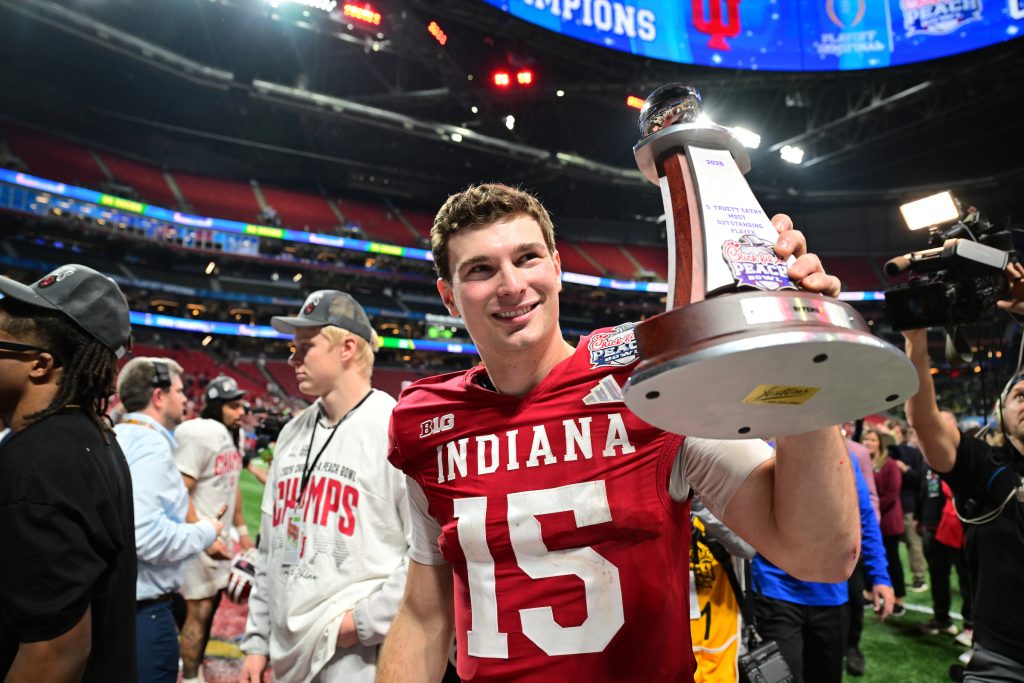 Indiana Hoosiers celebrate after they defeated the Oregon Ducks in the CFP semifinal at the Chick-fil-A Peach Bowl, Friday, Jan. 9, 2026 in Atlanta.  ( Kyle Hess via Abell Images for the Chick-fil-A Peach Bowl)